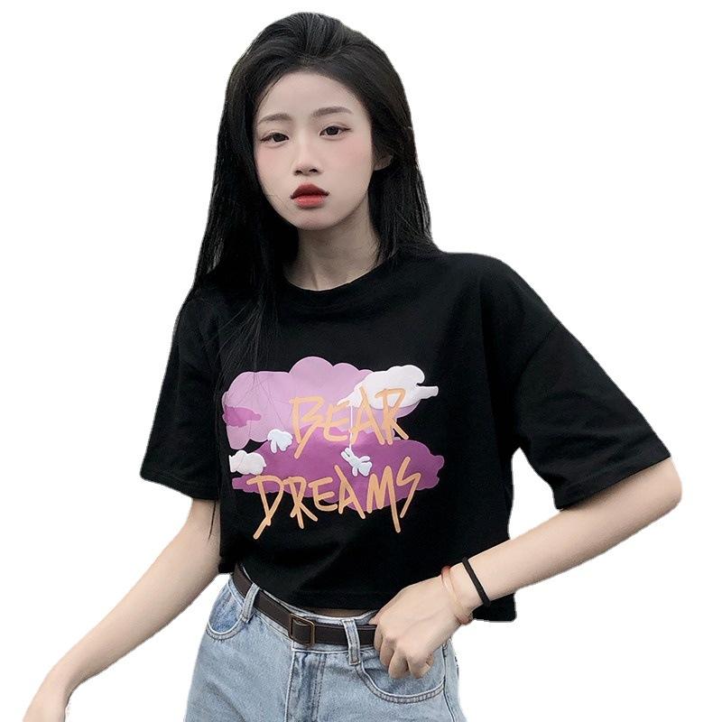 White loose t-shirt women's summer new Korean version printed foam design high waist short sleeve