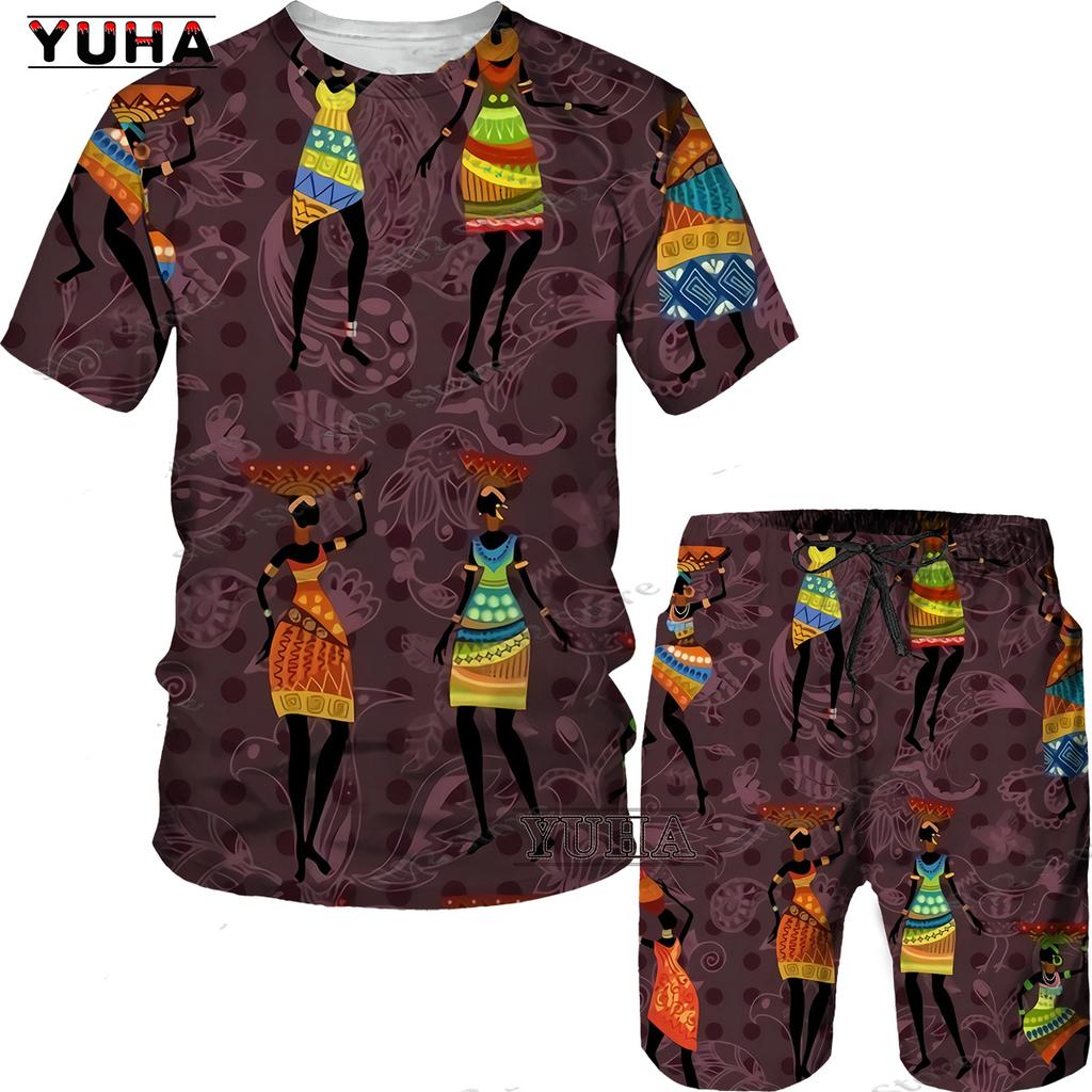 YUHA,Short Sleeve Plus Size Men Retro Ethnic Print Tracksuit Couple Dashiki Clothes Summer African Men's T Shirt Shorts Two Piec