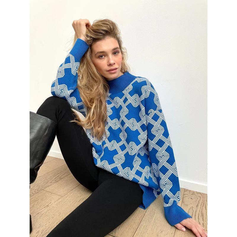 

Autumn and Winter Loose Knitwear Contrast Color Turtleneck Sweater Oversize Knit Turtleneck Sweater Blue L