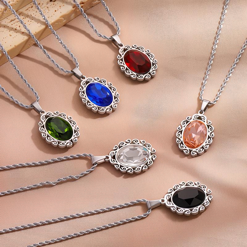 European & American Fashion Exquisite Titanium Steel Necklace with Colorful Zircon & Geometric Pendant for Women