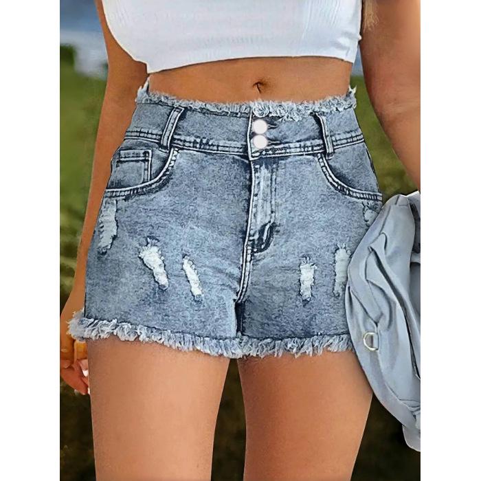 2025 Women s Trendy Ripped Denim Shorts - European & American Street Style L небесно-голубой