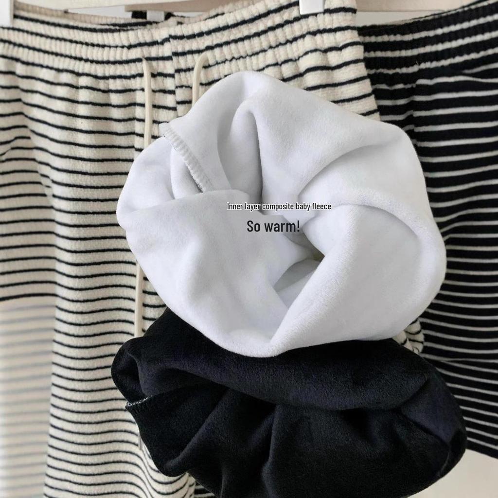 Petite Women's Fleece-Lined Black & White Striped Wide-Leg Pants for Autumn/Winter - Soft, Cozy Fit