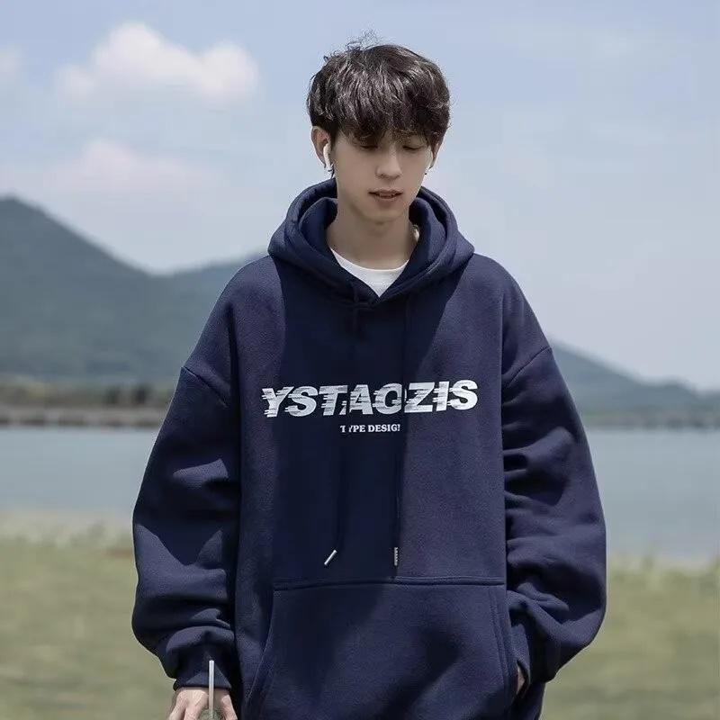 

American Style Men s Hoodie Sweatshirt Loose Fit Spring Autumn High Street Loose Handsome Outerwear in Dark Blue XL