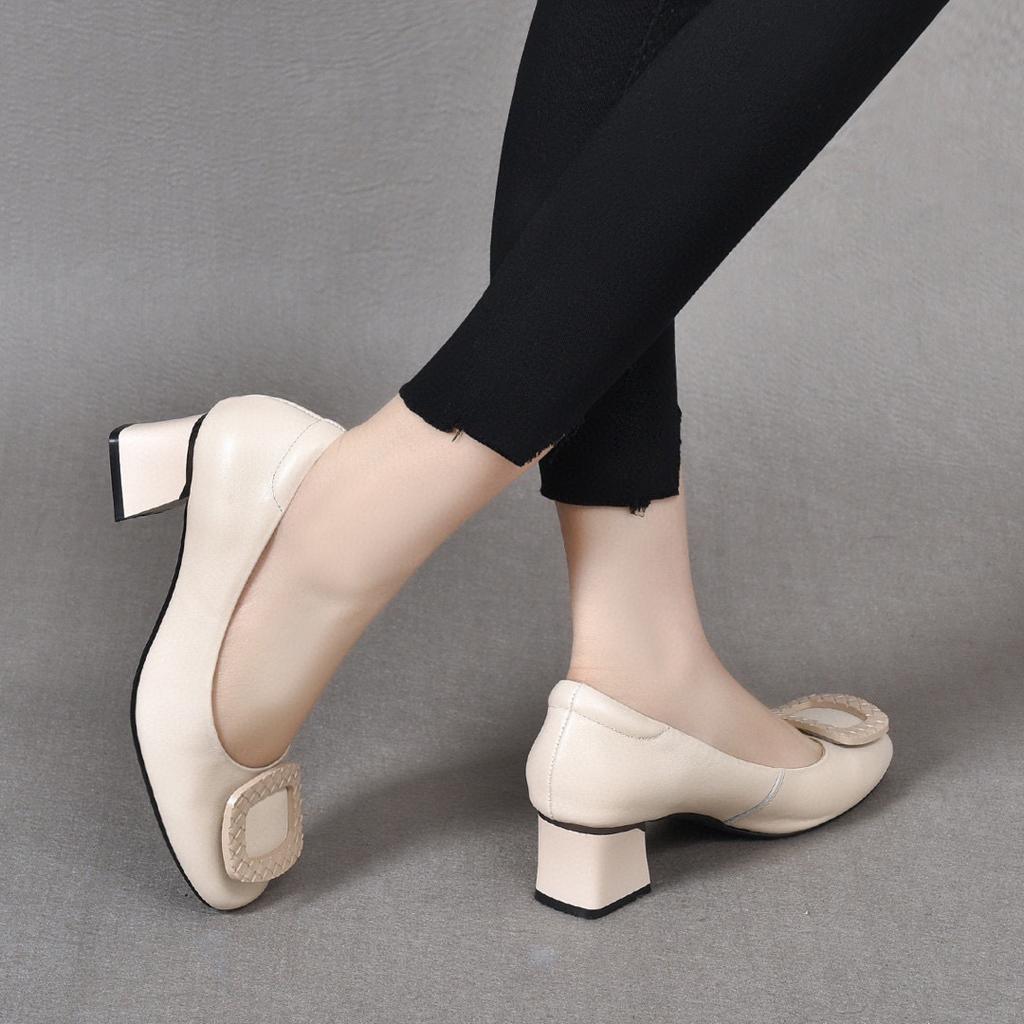 2025 spring and summer new round head square buckle high heels first layer cowhide shallow thick heel work shoes comfortable square heel women's shoes