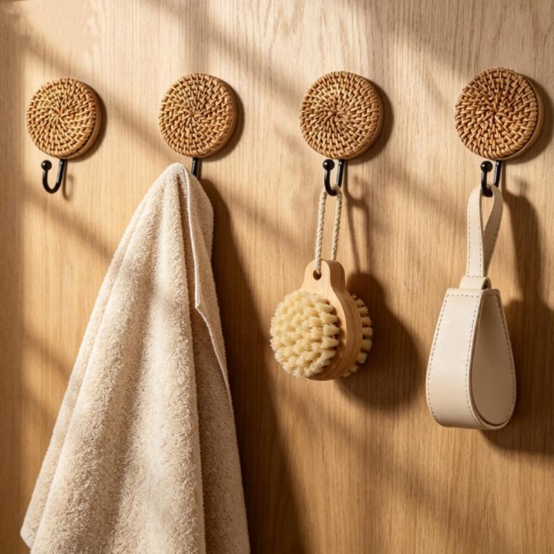 Decorative Wall Hangers, Set of 2 with Round Textured Faces, Solid Wood Bases and Black Metal Arms for Towels, Robes, Bags, Hats and Keys