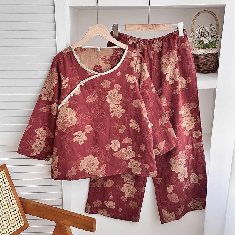 Women's Retro Chinese-Style Cotton Pajama Set: Long-Sleeve, Double-Layered Gauze, Oblique Lapel (Spring/Autumn)