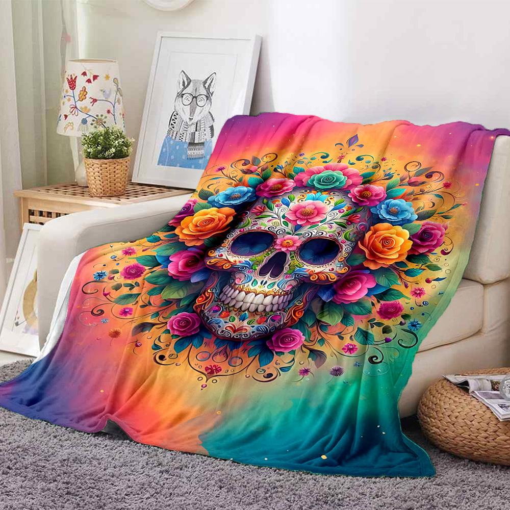 1pc Skull Artwork Soft & Warm Polyester Knit Blanket, Digital Printed, All-Season Throw for Napping, Traveling, Sofa yy250906027