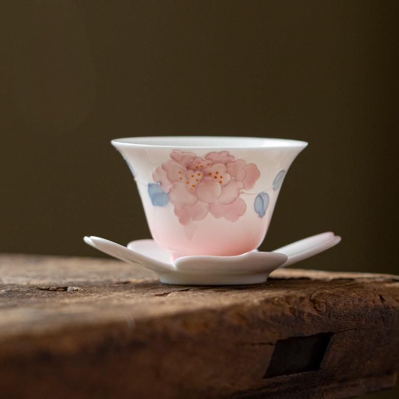 35ml Flower Colored Underglaze Peony Gradient Ramp Teacup Tea Bowl Cup Saucer Kit Tea-tasting Meditation Cup Jianzhan Master Cup