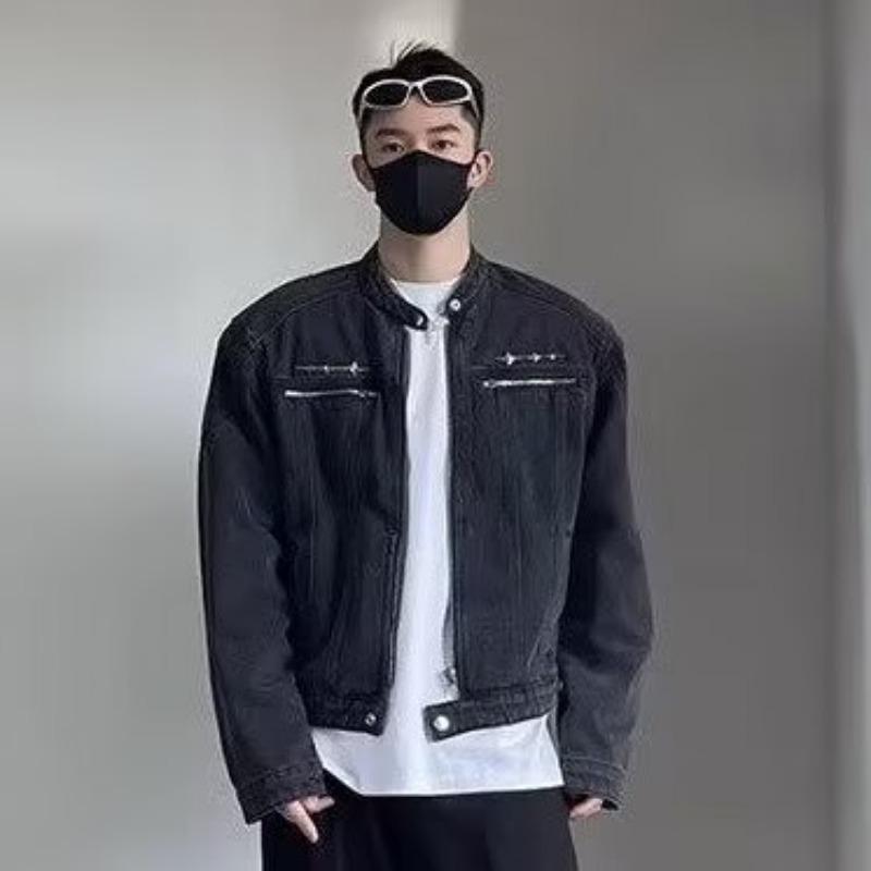 

Американская ретро-стильная стираная подплечники короткая сплайсированная джинсовая куртка модный бренд металлический дизайн без воротника мужская куртка 2XL чёрный