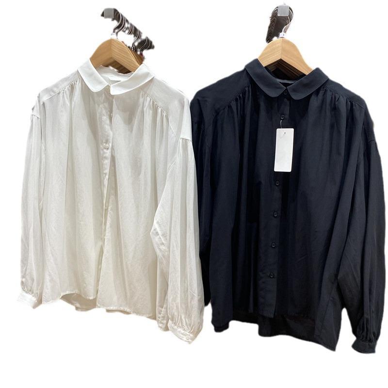 Women's New Soft Cotton Blended Pleated Shirt Long Sleeve Shirt/Doll Collar Jacket Air Conditioning Shirt 171199