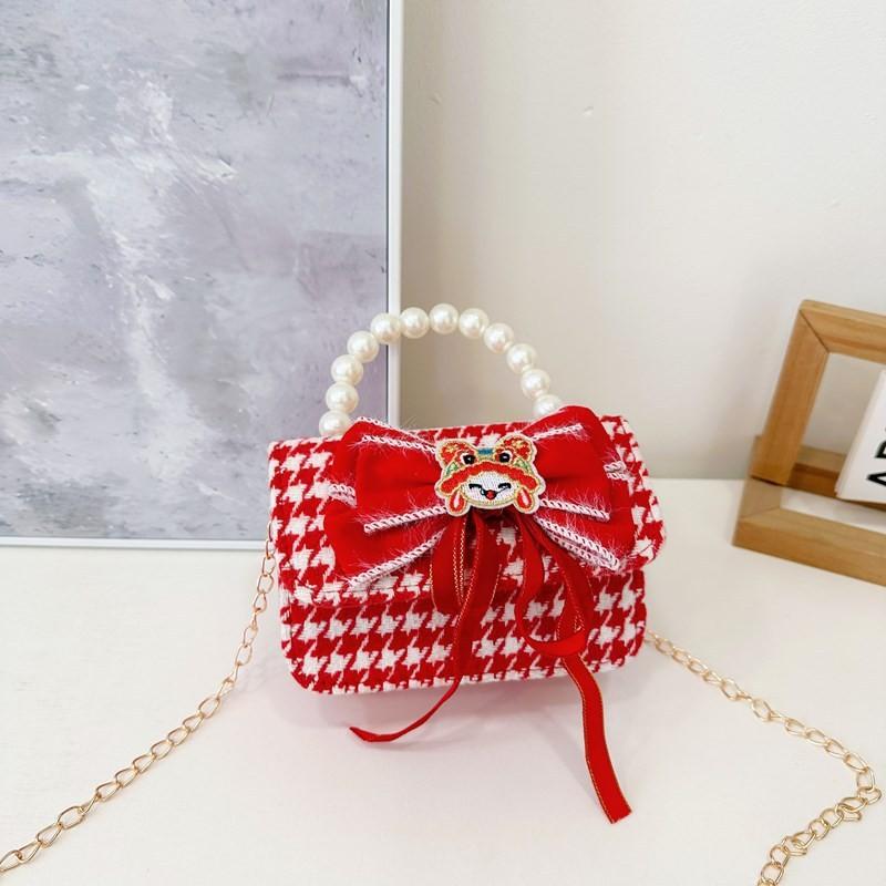 Red Cute Delightful Bowknot Childrens Handbag With Trendy Chain And Handle Pearl