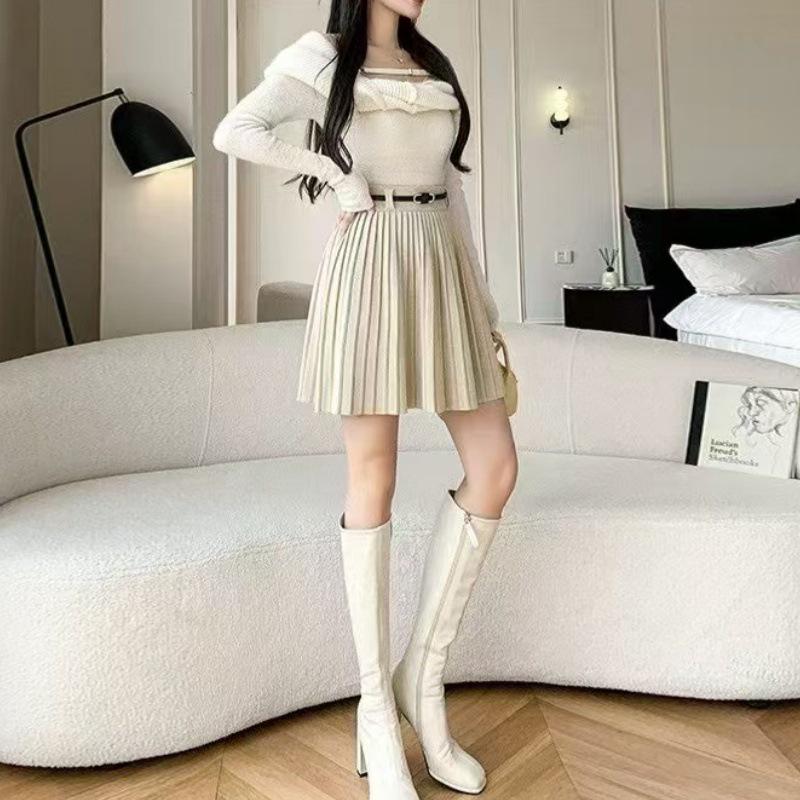 Minirock aus plissiertem Strick mit hoher Taille und Gürtel - Vielseitig, schlankmachend, elastische A-Linie für den Herbst