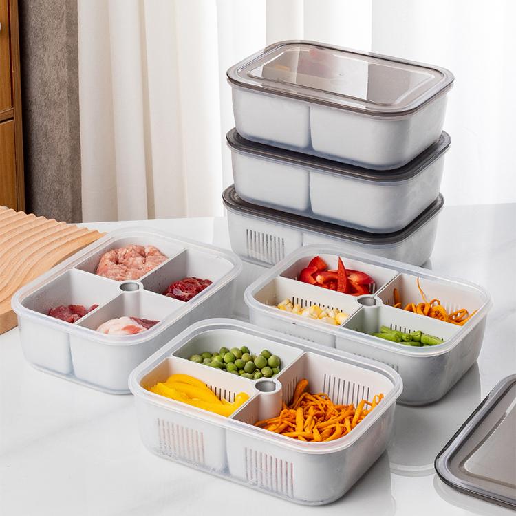 Kitchen Fridge Organizer Microwave Oven Safe Crisper Drain Box PP Plastic 1.4L Food Storage Meal Prep Containers Removable