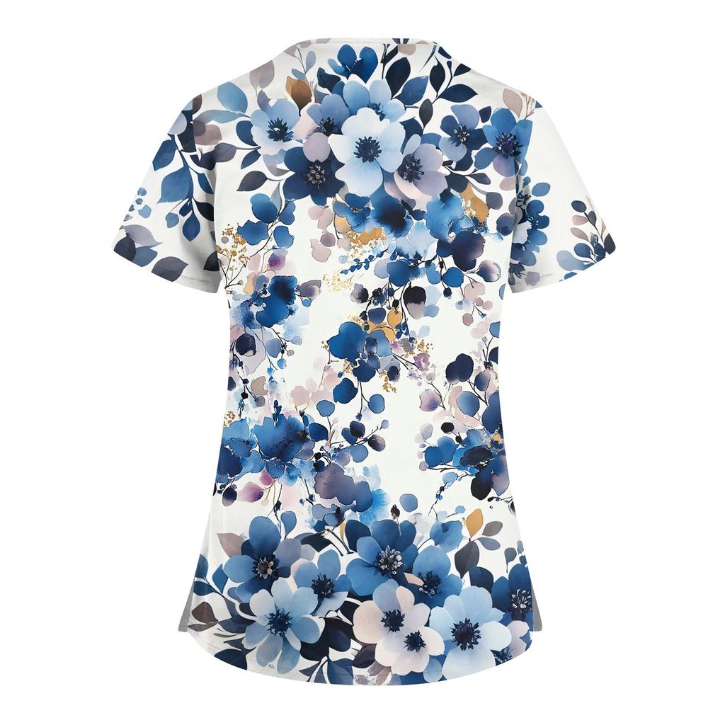 Women's Short Sleeve Stagger V Neck Print Pocket Dry-nurse Top