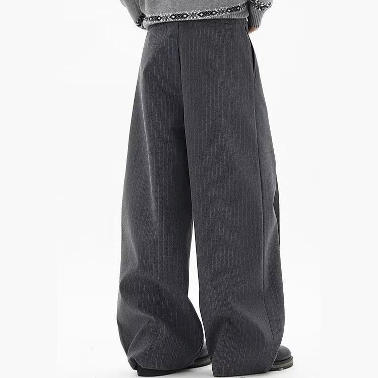 American striped straight pants men's retro long-breasted buckle versatile old money style couple casual pants