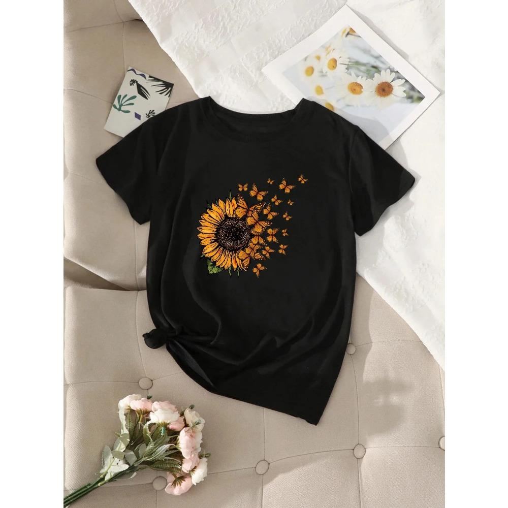 Sunflowers and butterflies TeePrint Crew Neck T-shirWomen's Casual Loose Short Sleeve Fashion Summer T-Shirts Tops