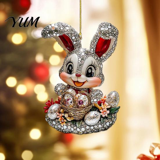 Decorative Rabbit for Home Window Easter Bunny Acrylic Pendant, Cute with Basket, 2D Car Charm Rearview Mirror Hanging Ornament, Bag Keychain