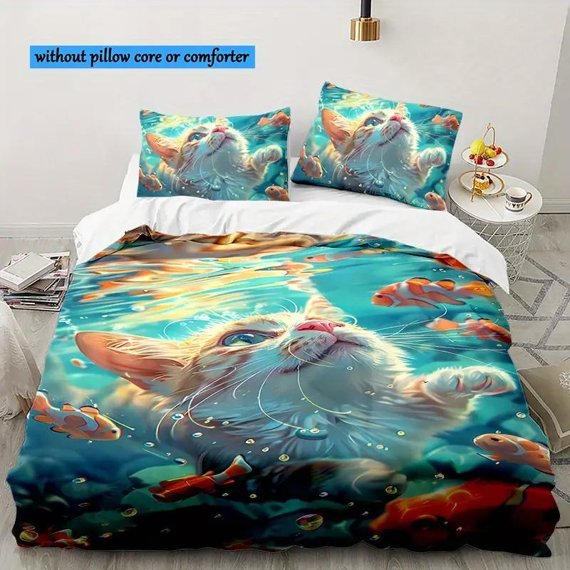 Lovely Cute Cat 3D Print Bedding Set Cozy Duvet Cover King Queen Twin Single Size Birthday Gift Girl Boy Kid Bedroom Decoration