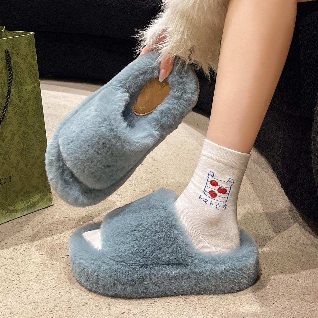 2024 autumn and winter new fluffy slippers women wear large size thick bottom plush office home versatile cotton slippers women