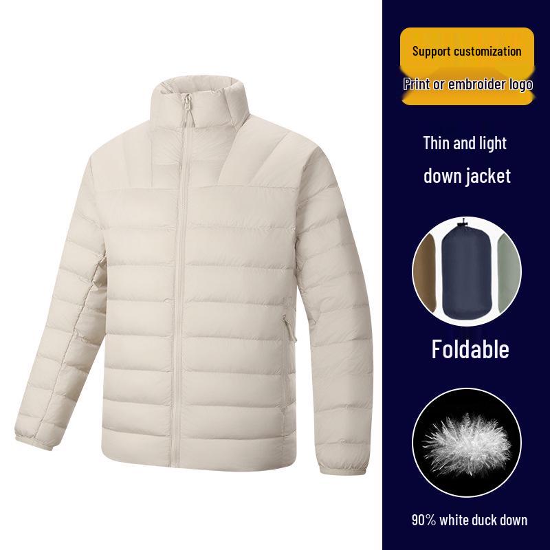 Hochwertige Unisex-Leichtgewicht-Daunenjacke mit Rippenstruktur, 90 % weiße Entendaunen und mit Text bedrucktem Futter