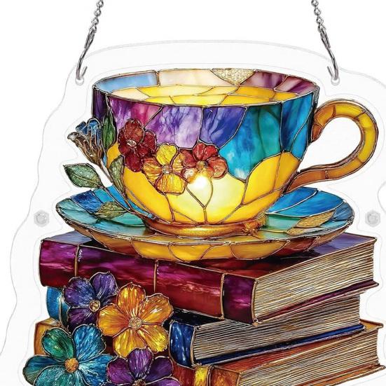 Floral Tea Cup And Book Suncatcher, Stained Glass Effect Window Hanging Ornament, DIY Acrylic Sun Catcher Puzzle Kit for Garden