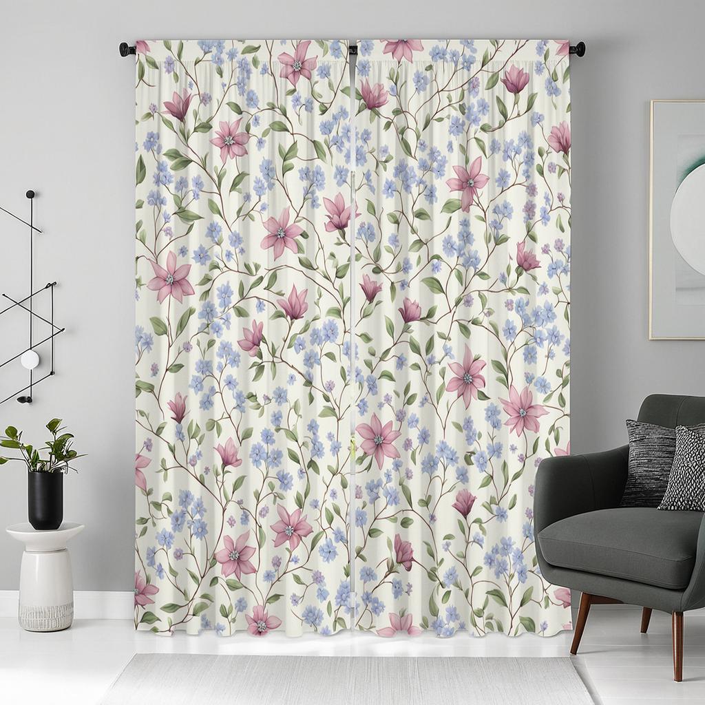 2Pc Pink And Blue Floral Pattern Curtains, Polyester Fabric, Machine Washable, Suitable For Bedroom Living Room Decoration