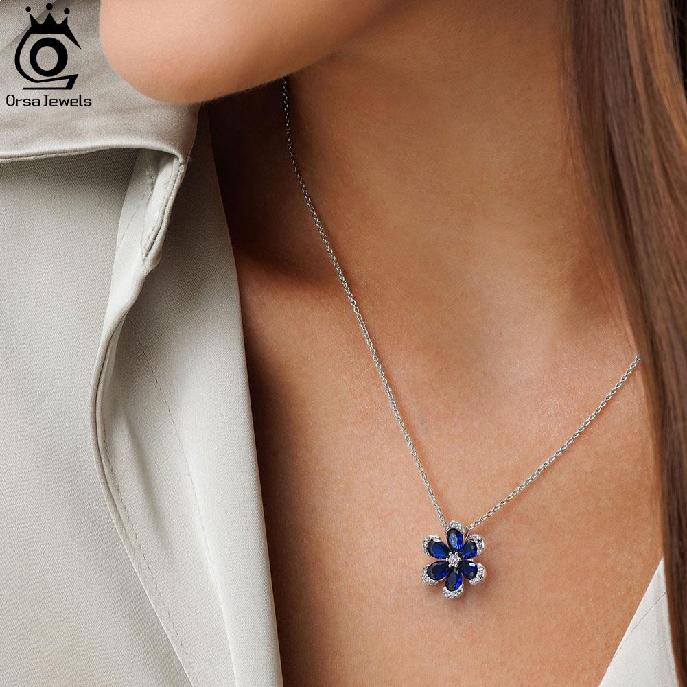 ORSA JEWELS Shiny Created Sapphire Flower Pendant 925 Silver 5A CZ Necklace Engagement Wedding Jewelry for Women LZN17