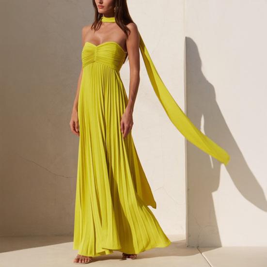 Women's Strapless Tube Top Maxi Dress Off Shoulder Pleated Long Dress with Neck