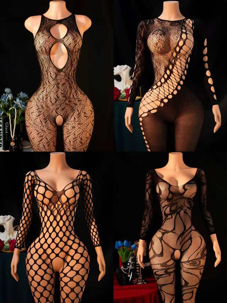 4 Pcs Women'S Sexy Lingerie Stretchy Tight-Fitting Bodysuit & Dress Sexy See-Through Hollow-Out Fishnet Babydoll For Night Club