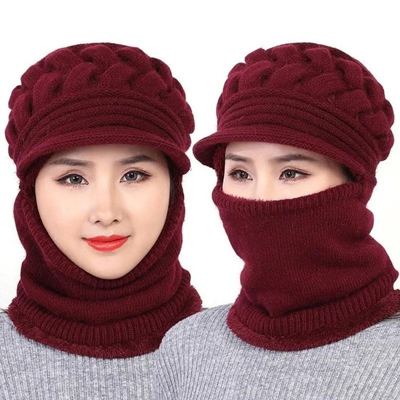 Thicken Warm and Windproof Riding Hat Knitted Scarf Ladies Winter Woolen Hat Plus Fleece Warm Knitted Hat Scarf Set