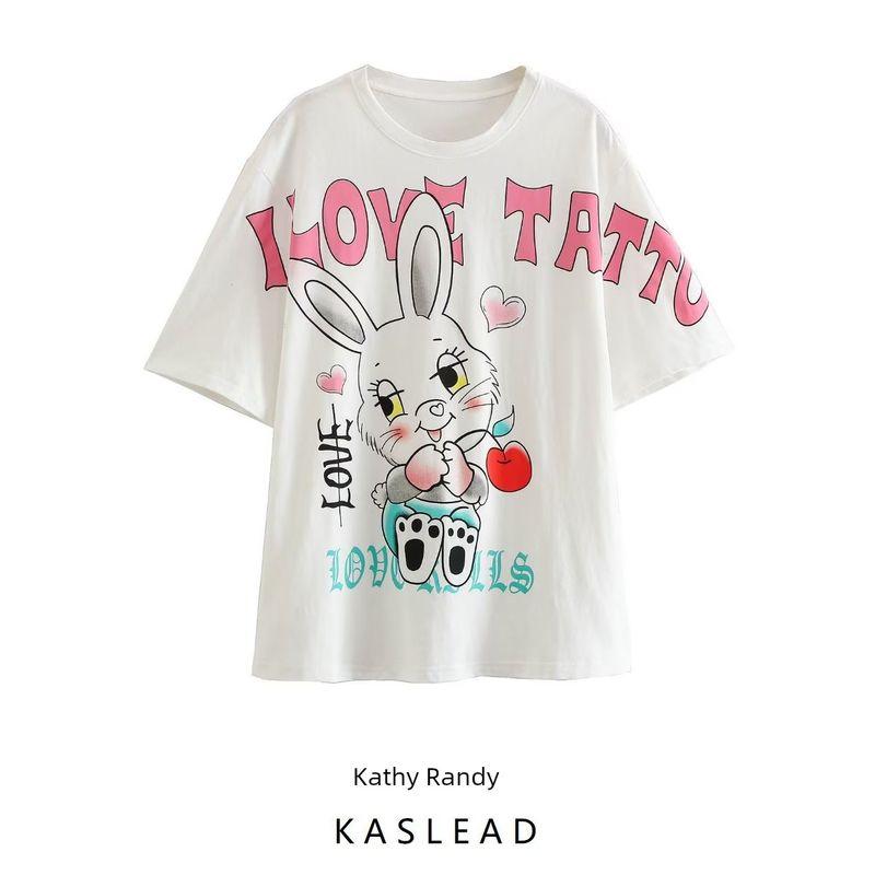 Kaslead New Arrival Women's Clothing Fashion Style Youthful-Looking Loose Cute Rabbit Print round Neck Short Sleeve T-shirt KC