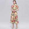 Summer Floral Print Shirt Dress for Women Short Sleeve Maxi Sundress with Lapel Neck Buttons Vintage Fashion Belted Robe