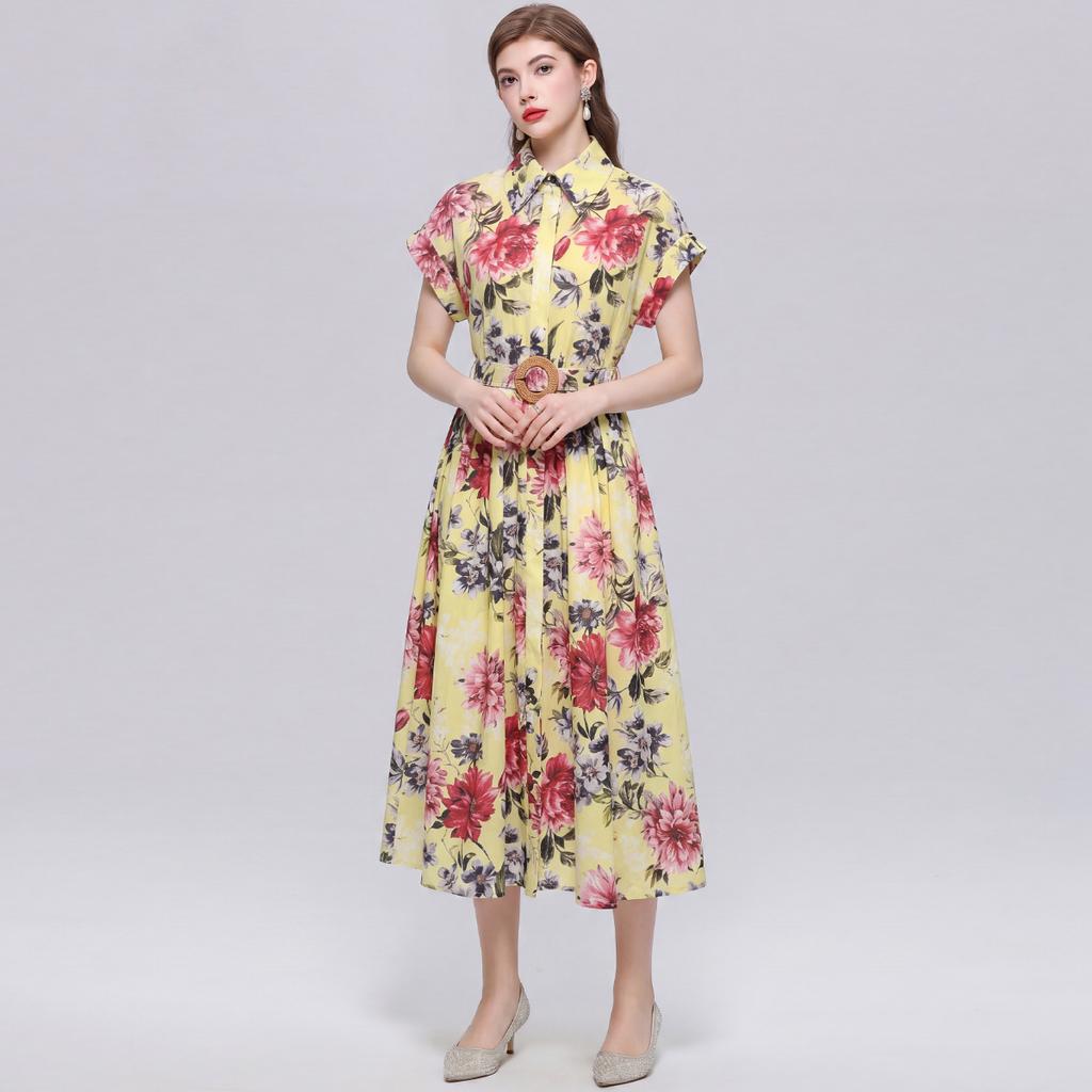 Summer Floral Print Shirt Dress for Women Short Sleeve Maxi Sundress with Lapel Neck Buttons Vintage Fashion Belted Robe