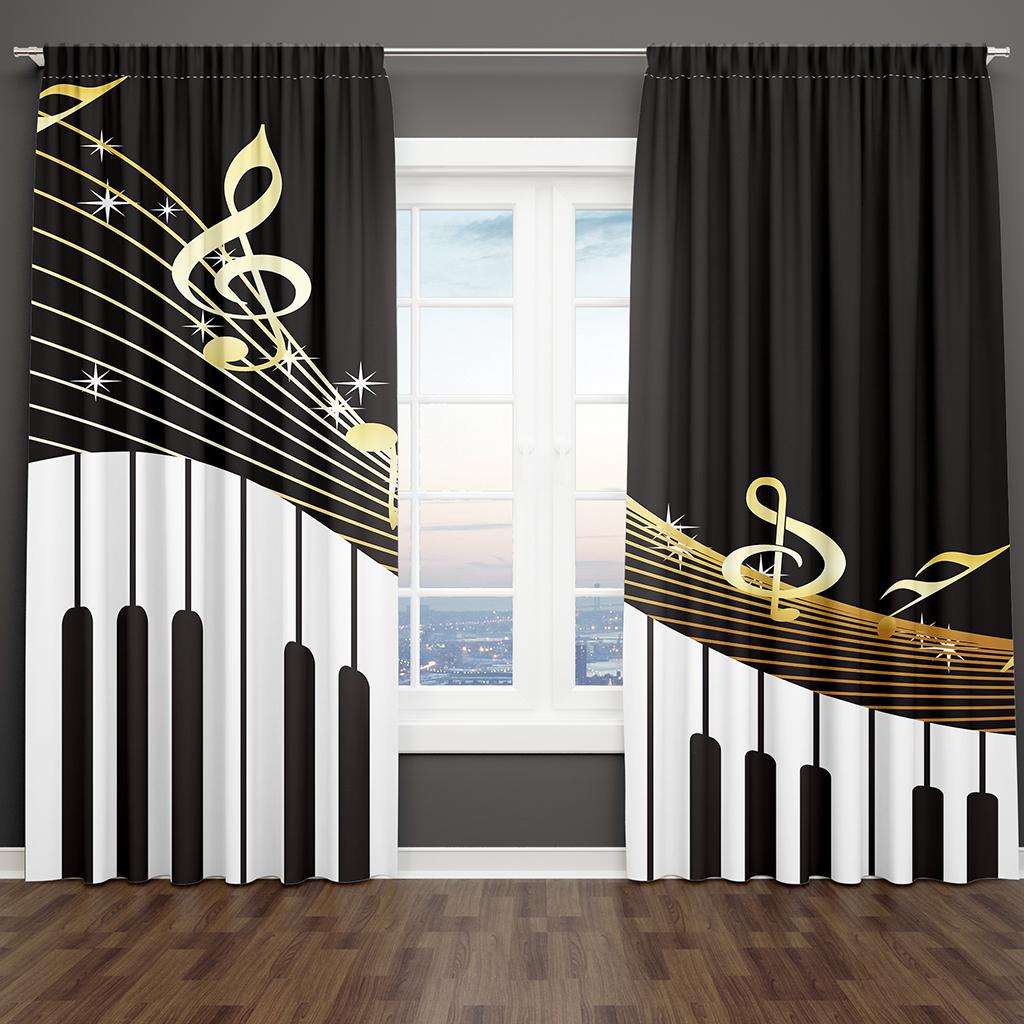 Black Music Abstract Piano Note Art Modern Thin 2 Pieces Light Filtering Curtains for Living Room Bedroom Window Drape Decor