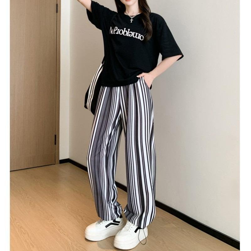 Printed ice Silk Cool Wide Leg Pants Women's Summer Thin New High Waist Drop Tie Sports Casual Pants