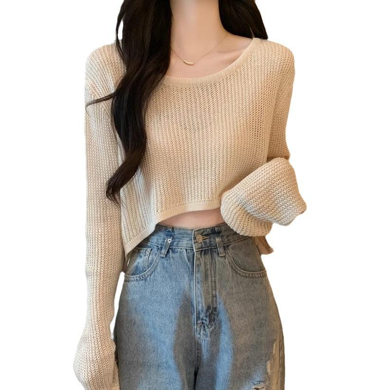 Summer thin new INS hollow ice silk long sleeved knitted sweater for womenShort exterior pullover sunscreen cover shirttops