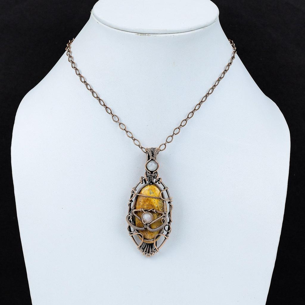 Evil Eye Fossil Coral Pendant Copper Wire Wrapped Pendant Moonstone Pendant Copper Jewelry Handmade Boho Pendant Gemstone Jewelry For Gift