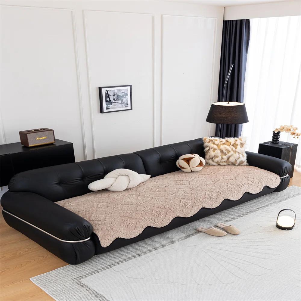 Vintage High-end Straight Sofa Cushion Autumn and Winter Plush Leather Sofa Special Cushion Fixed Anti-slip Cover Cover Cloth
