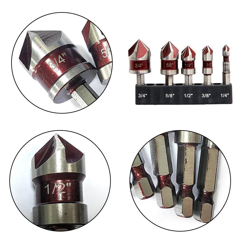 5PC Hexagonal Shank British Five Edge Red Chamferer 1/4-3/4 Countersink Drill Deburring and Hole Opening Tool