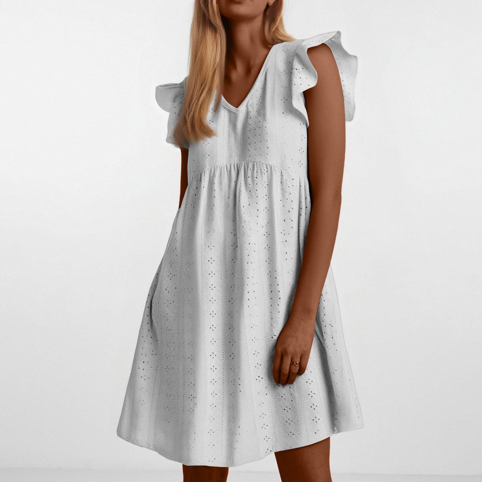 

Женское повседневное свободное и модное ажурное однотонное платье с короткими рукавами и V-образным вырезом XL белый