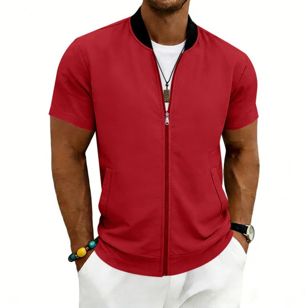 Men Short Sleeve Jacket Lightweight Zipper Front Casual Stand Collar Outerwear for Summer Spring Fall