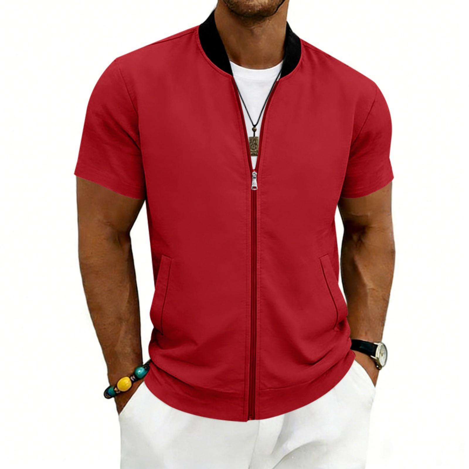 Men Stand Collar Lightweight Short Sleeve Zip Front Jacket Athletic Baseball Style Casual Outerwear L винный