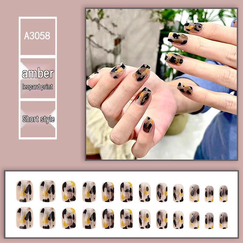 

Янтарные леопардовые омбре типсы для ногтей - Короткая длина, Осенне-зимние стили, Наклейки для накладных ногтей одного размера