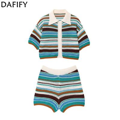 Moda Feminina Casual Verão Primavera Estampado Listrado Manga Curta Gola POLO Calças Ternos