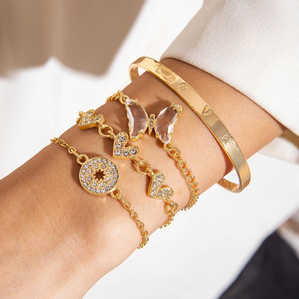 Biżuteria Transgraniczna Niebieski Motyl Inkrustowany Cyrkoniami Ażurowa Damska Bransoletka Geometryczne Otwarcie Czteroczęściowy Zestaw Bransoletek