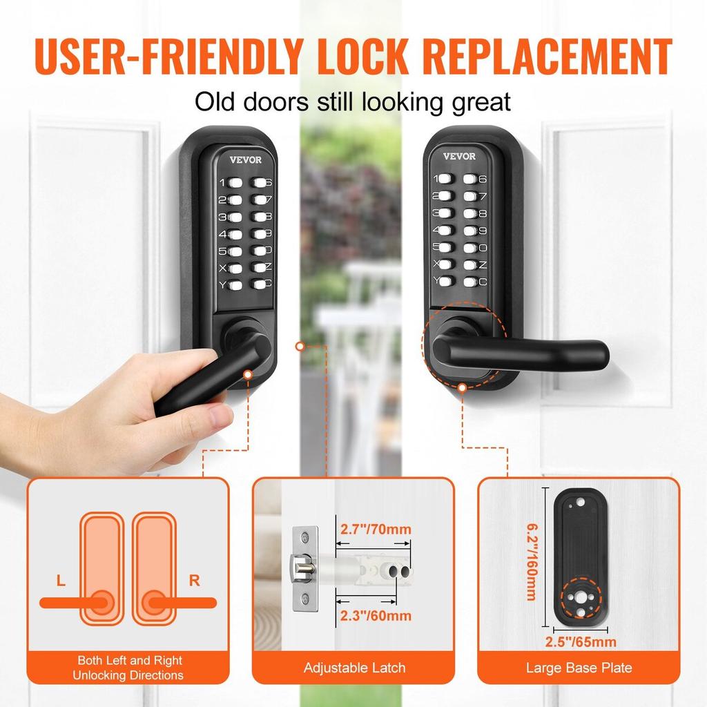 Mechanical Keyless Entry Door Lock, 14 Digit Keypad, Embedded Outdoor Gate Door Locks Set with Keypad and Handle, Water-proof Zinc Alloy, Easy to