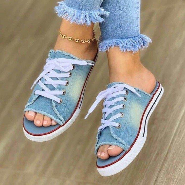 

New summer canvas slippers women s sandals one-word flip-flops denim sandals 43 світло-синій колір