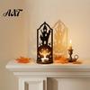 Halloween Table Centerpiece Candle Holder, Gothic Hollow Silhouette Holder for Tea Lights, Dark Bat Shaped Light Style Pumpkin Ghost Cat Tabletop
