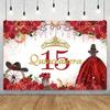 Beautiful birthday party decorations for a 15-year-old girl, backdrop for a 15th birthday celebration, dress, crown, flower.535