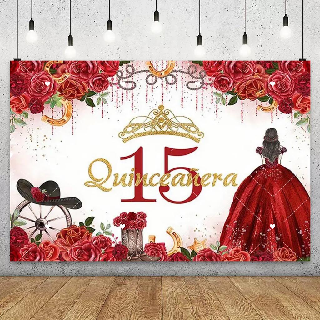 Beautiful birthday party decorations for a 15-year-old girl, backdrop for a 15th birthday celebration, dress, crown, flower.535
